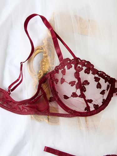 Image of Lilosy Sexy Underwire Cute Push Up Strappy Embroidered Mesh Sheer Lingerie Set See Through Panty Bra