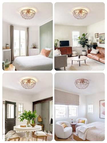 Image of 18 inch Flower Fandelier Ceiling Fan with Light, Crystal Flush Mount Ceiling Fan with Light and Remote, Mid Century Caged for Bedroom, Nursery, Living Room