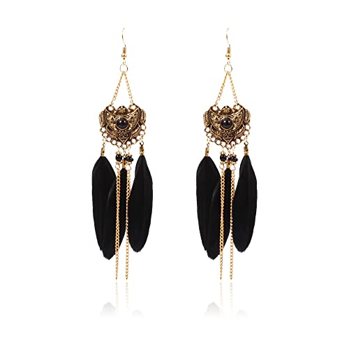 Classic Women Feather Earrings-Long Tassel Bohemian Ball Party Makeup Jewelry Wedding Accessories Earrings For Women Dress Up (Black4) #TOP16
