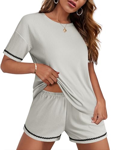 Image of Ekouaer Pajama for Women Sets 2 Piece Ribbed Knit Lounge Sets Pjs Shorts Summer Short Sleeve Sleepwear with Pockets