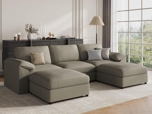 Image of EASE MOOSE Extra Large Faux Leather Sectional U Shaped Couch, Oversized Modular Sofa with Deep Seat for Living Room,Comfy Scratch Resistant Couch,Modern Sofas with Ottoman,Light Grey