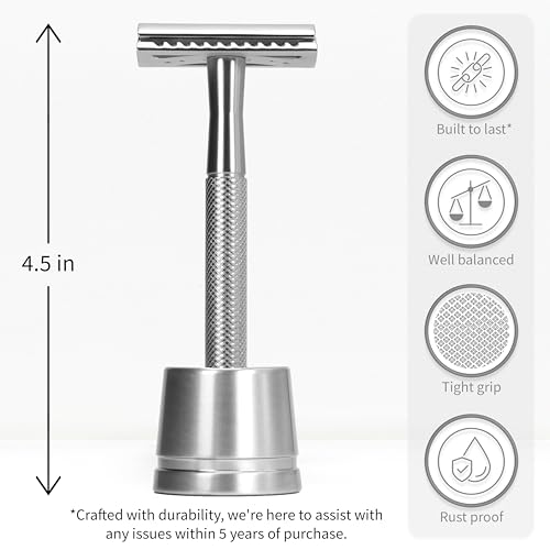 Image of Bambaw Double Edge Safety Razor for Men with Stand, Reusable Metal Razor with 5 Double Edge Blades, Single Blade Razors for Men & Women - Silver