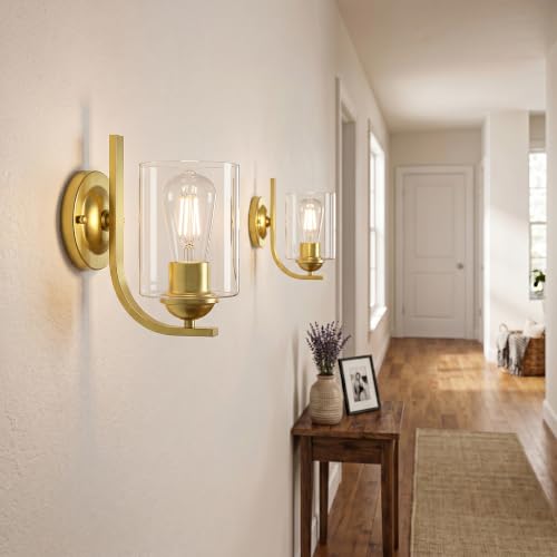 Image of 2-Pack Wall Sconces Lights Lamp for Bedroom Bathroom, Modern Vanity Light Fixtures, Gold Farmhouse Wall Mount Lighting Lanterns with Clear Glass Shade for Living Room Mirror Hallway Kitchen
