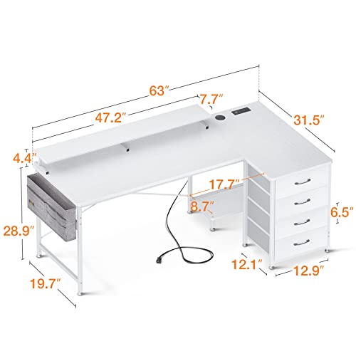 Kkl 63 Inch L Shaped Computer Desk With Usb Charging Port & Power Outlet, L-Shaped Corner Desk With 4 Tier Drawer & Monitor Shelf For Home Office Workstation, Modern Style Writing Table, White #TOP2