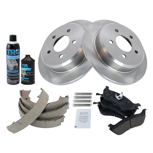 Image of TRQ Rear Brake Pad & Rotor Kit, with Chemical Kit Parking Brake Shoe Set Ceramic Compatible with 1996-2002 Ford Crown Victoria Lincoln Town Car Mercury Grand Marquis