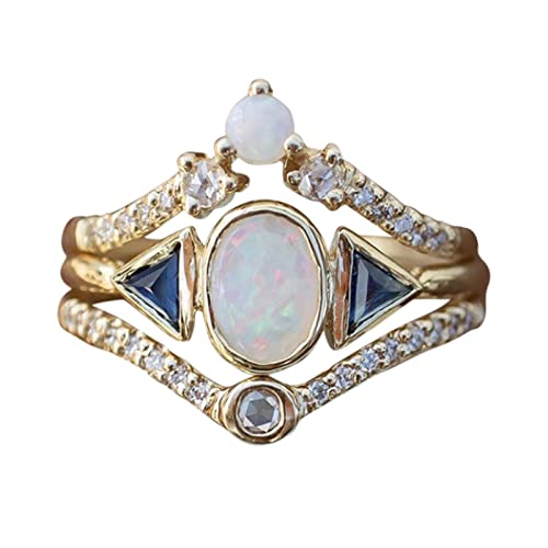 3PCS Ring Set Natural Diamond Rings White Simulated Opal Engagement Ring Matching Set Y2k Stackable Rings Engagement Promise Rings Mother's Day Birthday Gift Jewelry for Women Girls Mom Her