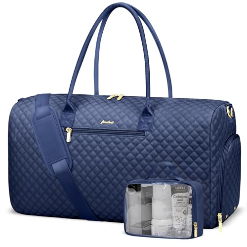 Image of Women Weekender Travel Duffle Bag: Travel Duffel Overnight Bags with Shoe Compartment Large Carry on Tote with Toiletry Bag Weekend Traveling Yoga Gym Hospital Bag for Women with Wet Pocket Blue