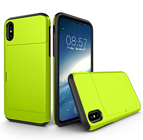 XYZNTMF for iPhone XS Case iPhone X Shockproof Phone Case with Card Holder Soft Silicone TPU Bumper Matte Hard PC Shell Heavy Duty Protective Skin Cover Rubber Case, Green