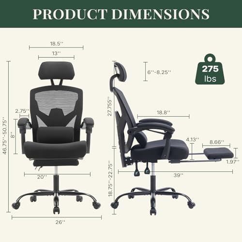 Image of Ergonomic Office Chair with Footrest, High Back Home Desk Computer Chair with Lumbar Support & Headrest, 90-135 Reclining Mesh Back with Wheels for Work, Gaming, Black