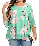 Plus Size Tops for Women Dressy Casual Tunic and Blouses Loose Flowy Chiffon Shirt(B-Pink Roses on Green,XL)