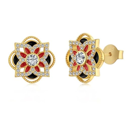 Boucles d'oreilles trèfle noir et rouge en argent plaqué or pour femme