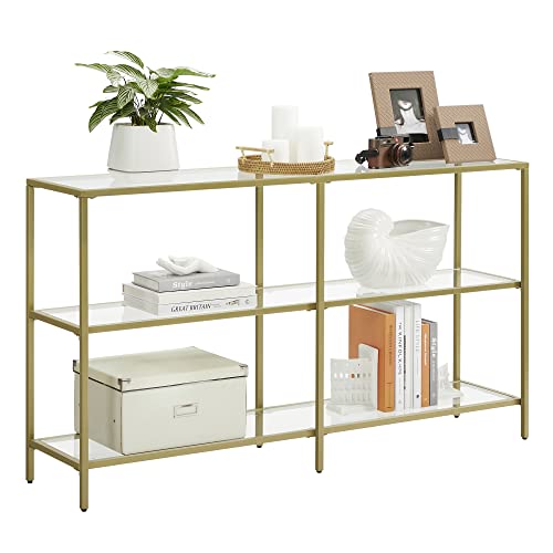 VASAGLE 51.2 Inch Console Table with 3 Shelves, Sofa Tables, Modern Entryway Table, Metal Frame, Tempered Glass Shelf, Entryway Living Room Bedroom, Metallic Gold and Transparent ULGT024A01 