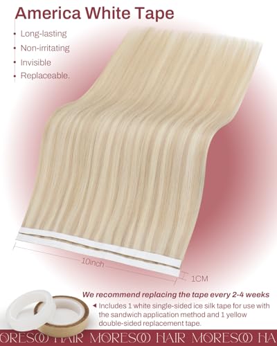 Image of Moresoo Blonde Tape in Weft Human Hair Extensions, 16 Inch, 65g, 2pcs | Ash Blonde Mix Bleach Blonde, Genius Weft Tape in Extensions, Wide Tape Weft, Remy Human Hair, Seamless Natural Blend