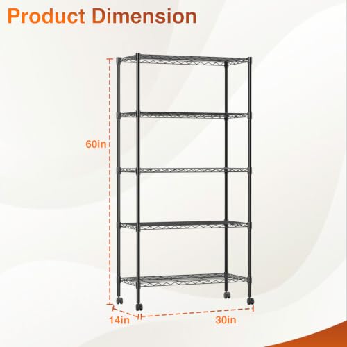 Image of BestOffice | 5-Tier Wire Shelf with Wheels | 14 inch x 30 inch x 60 inch | Black | Storage Shelves Metal Shelving with Adjustable Racks, Holds upto 750 lbs | Rust-Resistant No-Tool Assembly | For Home Garage