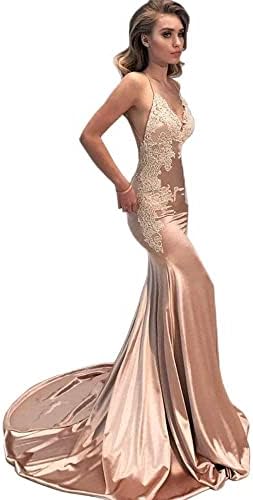 M Bridal Women's Lace Appliques Mermaid Long Train Prom Dresses Open Back Evening Gowns Naked Pink US2
