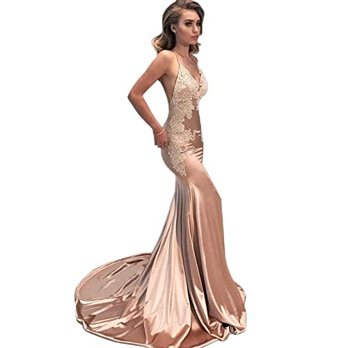M Bridal Women's Lace Appliques Mermaid Long Train Prom Dresses Open Back Evening Gowns Naked Pink Us2 #TOP1