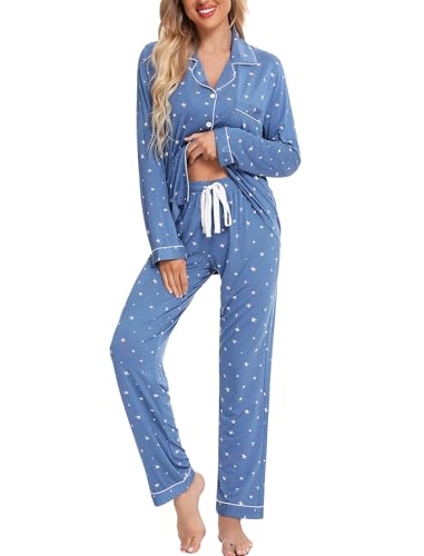 Leikar Button Up Pajama Set For Women Soft Long Sleeve Pjs Shirt And Pajama Pants Lounge Sets M