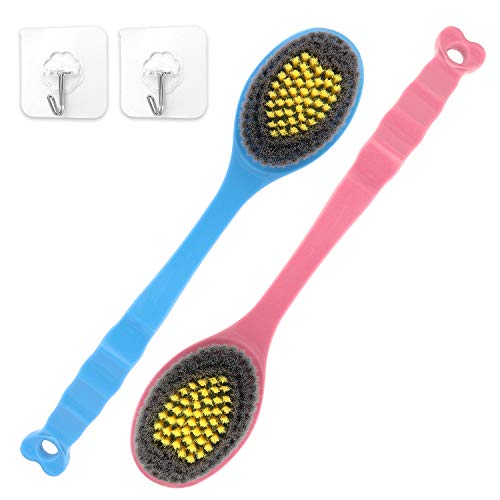 Premium Shower Body Exfoliating Brush Set?2 Pack Bath Back Cleaning Scrubber with Upgrade Long Bamboo Handle?Dry or Wet Skin Exfoliator Brush with Soft and Stiff Bristles Back Washer for Men Women