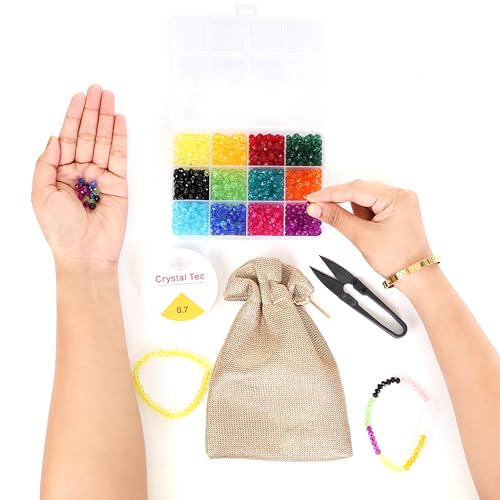 Image of Ambitieux DIY Bracelet Making Kit for Girls - 12 Types Colorful Beads with Charms, Elastic Thread, Earrings, Clasps & Rings - Jewellery Craft Kit for Kids, Birthday Return Gift, Rakhi Special Set for 2 3 4 5 6 7 8 9 10 years (6mm Crystal)
