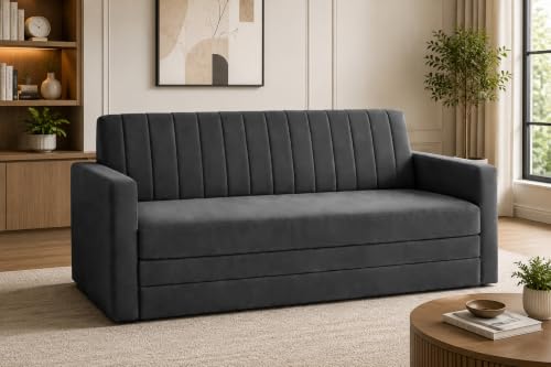 Image of 3-Seater Velvet Sofa Cum Bed with Armrests | Modern Convertible Sleeper Couch | Stylish Sofa Bed for Living Room, Bedroom & Office | Black