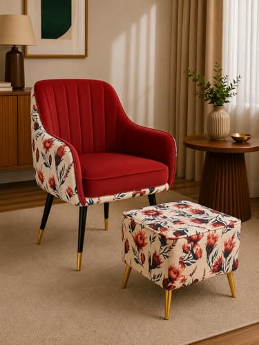 Image of Designer Accent Chair with Floral Printed Back & Footstool | Velvet Lounge Chair for Living Room, Makeup Vanity & Bedroom. (Red Floral Set)