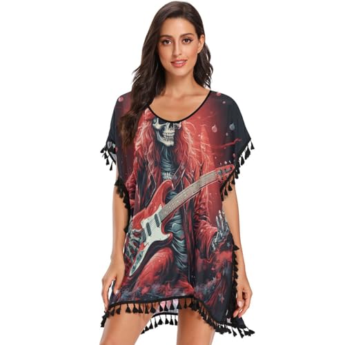 Christmas Skull Guitar Art Women's Beach Cover Up Chiffon Tassel Swimwear Swimsuit Coverups for Girl