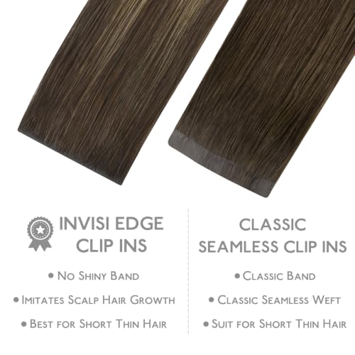Image of WENNALIFE Invisible Edge Seamless Clip in Hair Extensions Real Human Hair | 22'' 111g 7pcs Balayage Chocolate Brown to Caramel Blonde. Thin PU Weft, Easy, Comfortable Clip in Remy Hair Extensions