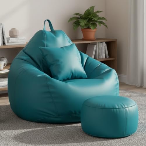 Image of KAM'S LIEU 4XL Premium Leatherette Bean Bag Combo with Footrest & Cushion | Pre-Filled with EPS Beans | Double Stitched | 6 Months Warranty | Aqua