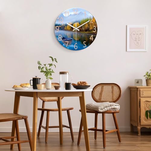 Image of XFM Natural Landscape Wall Clock 12 Inch Lake Boat | Silent Non-Ticking Battery Operated Modern Glass Nature Decorative for Living Room Kitchen Bedroom Office