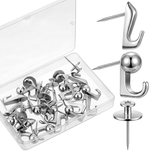Image of Shimeyao 30 Pieces Push Pin Hooks Push Pin Hangers Thumb Tacks Hook 20 Lbs Metal Hanger Picture Hanging Nails for Wall Wooden Fabric Home Office(Silver)
