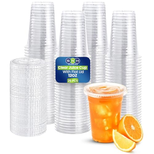 SNH Packing 25 Pack Clear Plastic Cups with Flat Lids 12oz BPA Free Reusable Cups for Juice Iced Coffee Smoothies Bubble Tea Frappuccino Milkshake & Cold Drinks