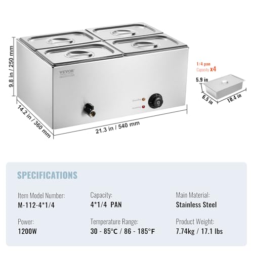 VEVOR kommerzieller Speisenwärmer 15L 4x1/4 Größe Speisebehälter, elektrische Warmhalteplatte, 1200 W Arbeitsplatte aus Edelstahl, Buffet-Bain-Marie, 30–85 °C Temperaturregelung für Gastronomie – Bild 8