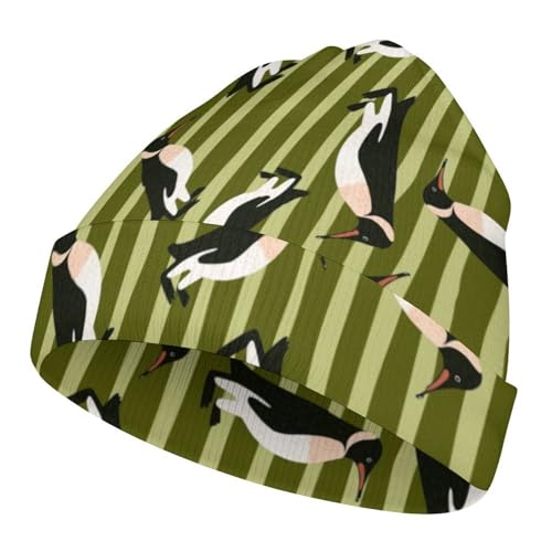 Cute Penguin and Green Stripe Pattern Kids Beanie Hat for for Girls Boys Children Cap Winter Knitted Chemo Cancer Headwear Accessories Gifts Decoration