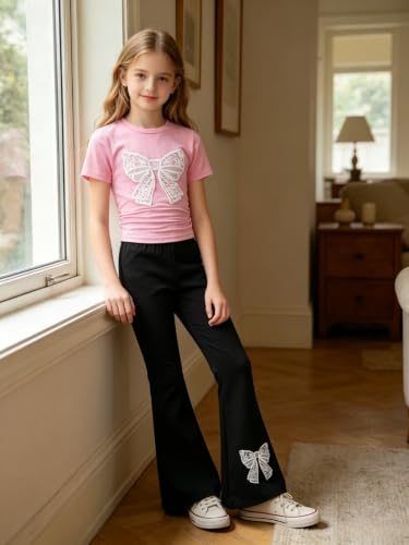 Image of Girls Clothes 2 Piece Short Sleeve Lace Bow Print Tops Flared Pants Set Little Girl Outfits Size 7-14