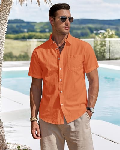 J.VER Herren Leinenhemd Kurzarm Sommerhemd Freizeithemd Kurzarmhemd Men´s Shirt Herren Klassisches Sommer Leinenshirt mit Brusttasche,Orange,L