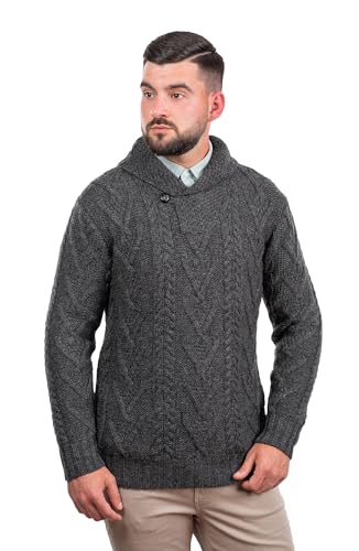 100% Merino Wool Men's Shawl Collar Single Button Irish Cable Knit Sweater Knitwear with Pockets4