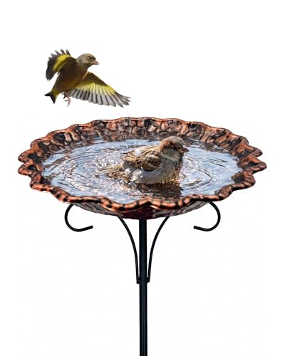 Paxverra Metal Bird Bath for Outside, 10" Diameter Bird Bath with Heavy Duty 5-Prong Stake Base, Freestanding Outdoor Birdbath for Garden Patio Yard Lawn Decor (Antique Copper Pebble)