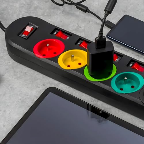 Retoo Steckdosenleiste 5-Fach mit Einzelschaltung 2m Verlängerungskabel, Tischsteckdose, Mehrfachsteckdose, Stromleiste mit Schalter, farbigen Fassungen, 2500W