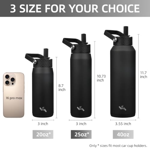 Image of Konokyo 25oz Insulated Stainless Steel Water Bottle with 3 Lids, Leakproof BPA-Free Bottle with Straw Lid, Sip Lid and Flex Cap for Gym, Travel, School, Office, Black
