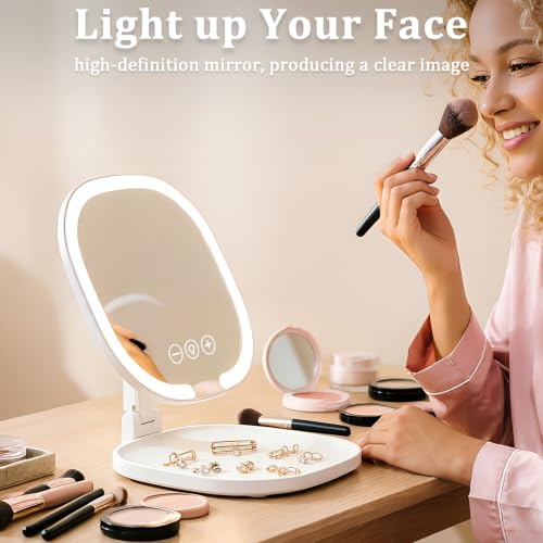 Espejo de maquillaje de viaje recargable, tocador de mesa portátil con iluminación de 3 colores 6