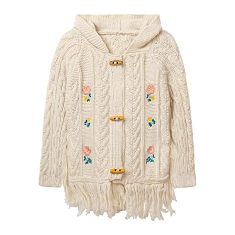 LittleSpring Little Girls Tassel Cardigan Sweater with Hood Sweet Floral Embroidery, Beige Hoodie, 5 Cover