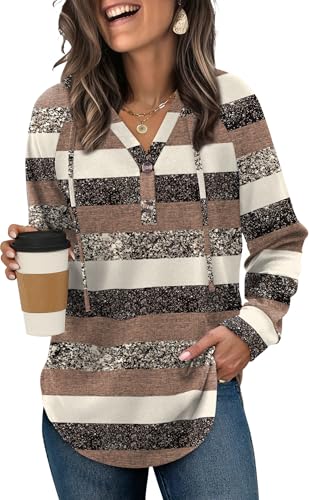 OFEEFAN Sweatshirt for Women Trendy Plus Size Cute Hoodies Long Cozy Sweaters for Women Women Fall Clothes 2025 Brown Stripes S