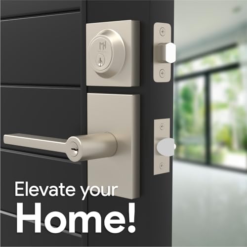 Image of Mega Handles, Glamor Entry Combo, Entry Door Handle and Single Cylinder Deadbolt Lock and Key Combo Pack, Heavy Duty Locking Door Levers for Left or Right-Handed Doors - Satin Nickel