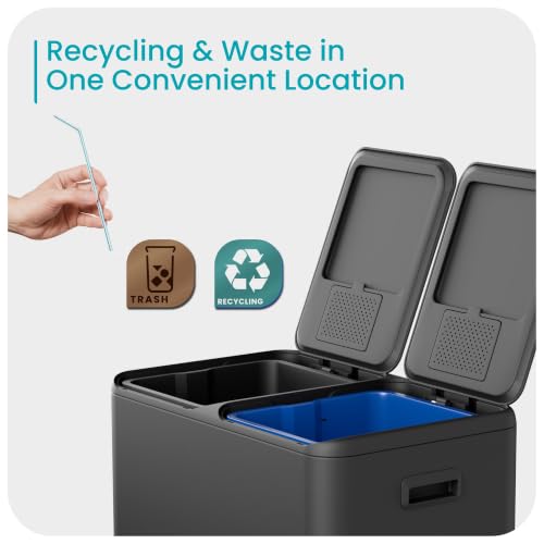 Image of Home Zone Living 16 Gallon Kitchen Trash Can with Dual Compartments for Recycling, Stainless Steel, Matte Black, 60 Liters Total