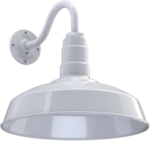 Steel Lighting Co. Gardena - Luz de granero  Montaje en pared al aire libre  Domo de 16 pulgadas  Cuello de cisne de 11 pulgadas  Luz de granja