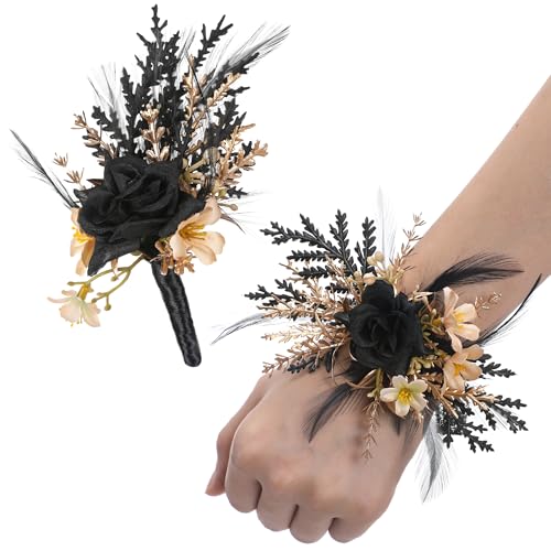 PartyforU Black Boutonniere Corsage Set - Dark Wedding Rose Boutonniere Wrist Corsage Halloween Wedding Corsages Wristlet Boutonnieres for Best Men Bride Groomsmen Ceremony Anniversary Prom