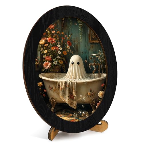 Framed Vintage Halloween Ghost Oval Wall Art, Floral Bathtub Ghost Bathroom Wall Decor, Cute Ghosts Canvas Art Prints for Home Bathroom Entryway Gothic Decor