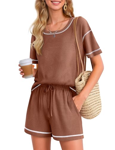 Image of Ekouaer Women's Waffle Knit Two Piece Lounge Set, Soft Matching Outfits for Daily Wear, Casual Shorts Set with Pocket