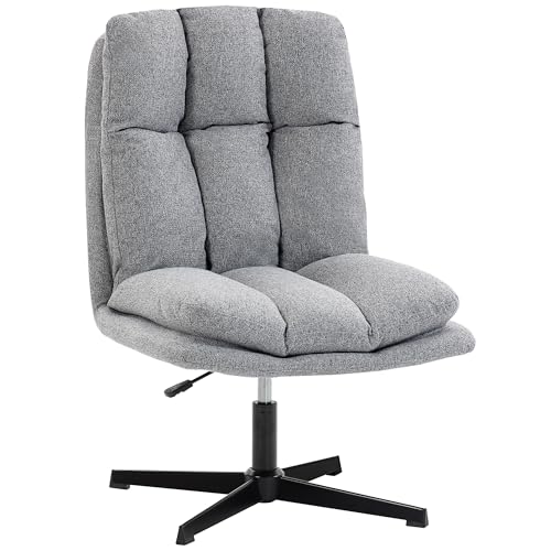 HOMCOM Sillón giratorio de salón en tejido efecto lino, sillón de lectura sin reposabrazos con asiento amplio y patas de metal, sillón para salón, dormitorio, gris claro