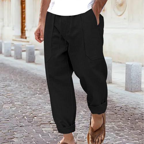 Mens Loose Fit Lightweight Summer Pants Elastic Waist Drawstring Linen Pants Baggy Cotton Trousers with Pockets 20252
